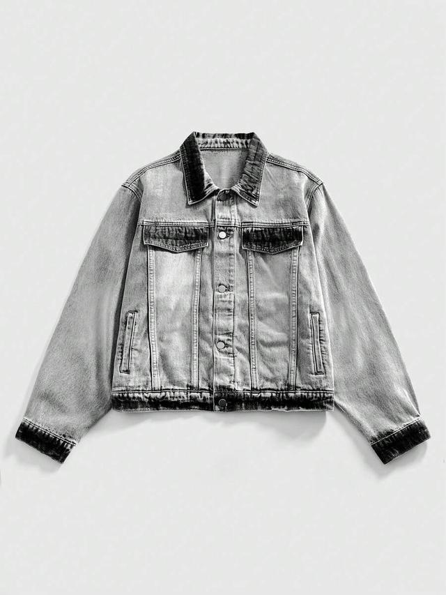 grey washed denim button front long sleeve jacket