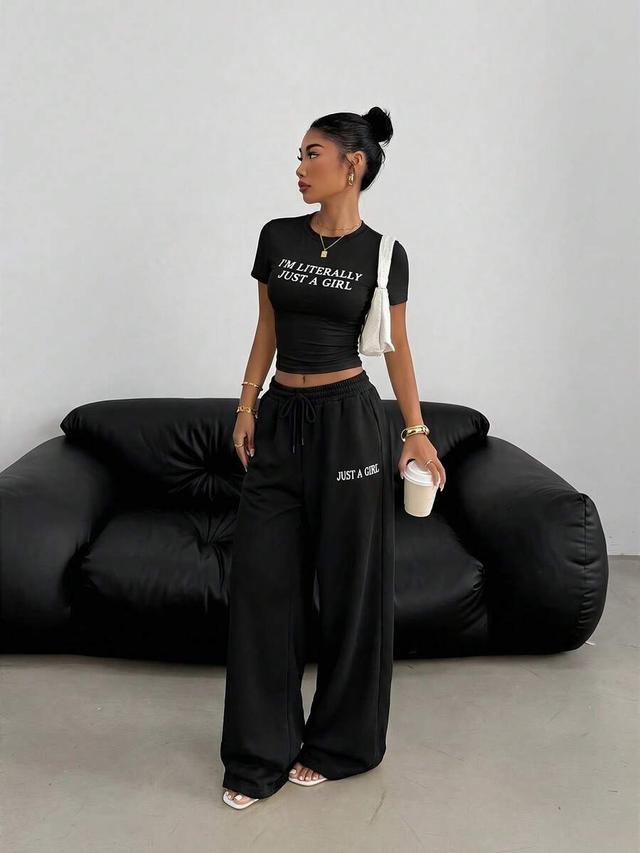 black knitted casual wide leg trousers