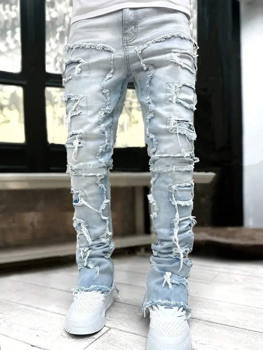men's distressed ripped light wash skinny jeans