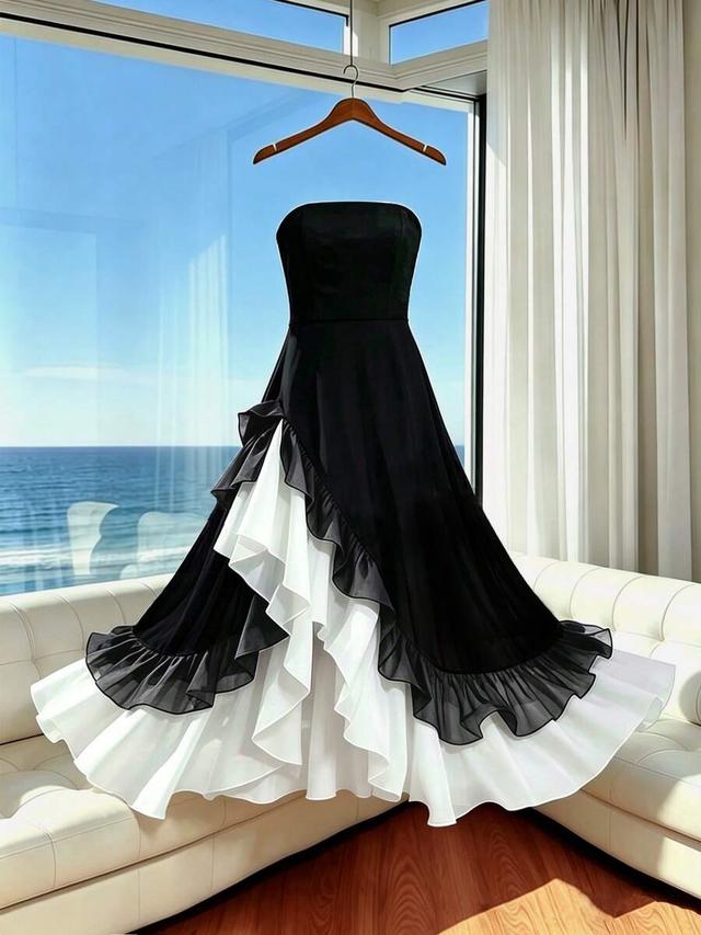 black and white contrast layered ruffle bandeau dress