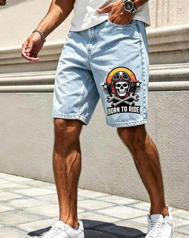 light wash denim shorts with motorcycle graphic print