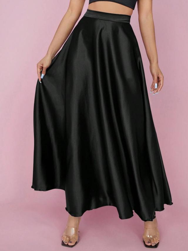 high waist solid black flared satin skirt