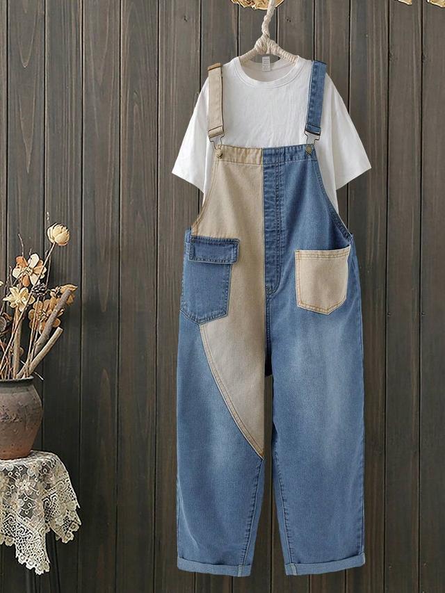two-tone patchwork denim loose jumpsuit