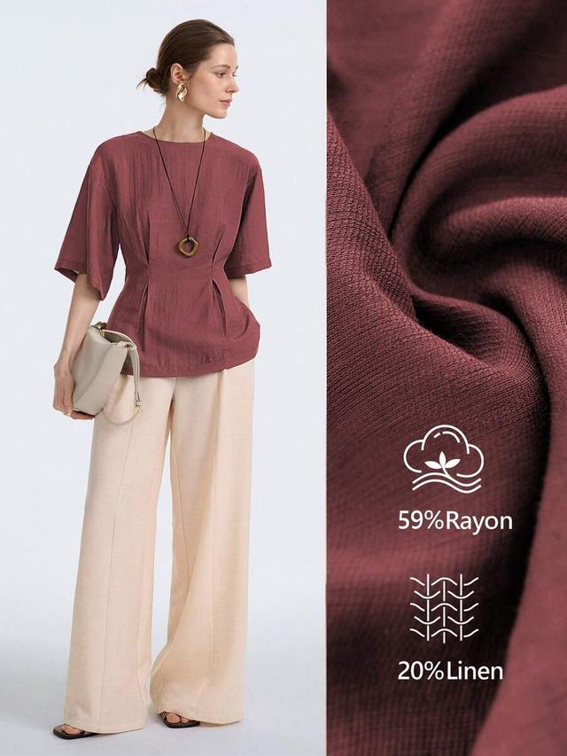 aalyst maroon linen blend ruched waist short sleeve blouse
