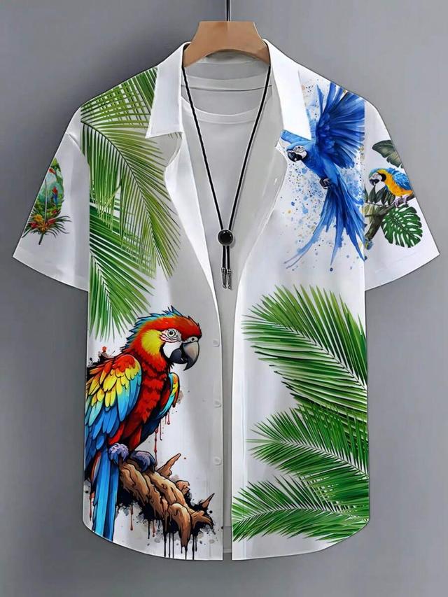 men's tropical palm and parrot print button-up shirt
