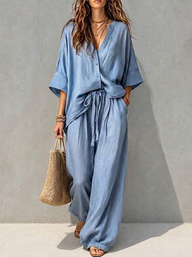 light blue linen blend button-up shirt and joggers set