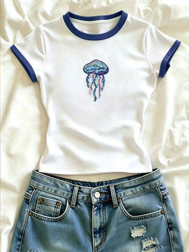 white ribbed jellyfish graphic contrast collar t-shirt