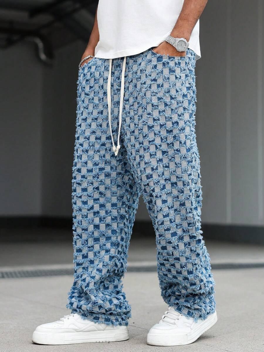 manfinity emrg checkered wide leg denim jeans with fringe