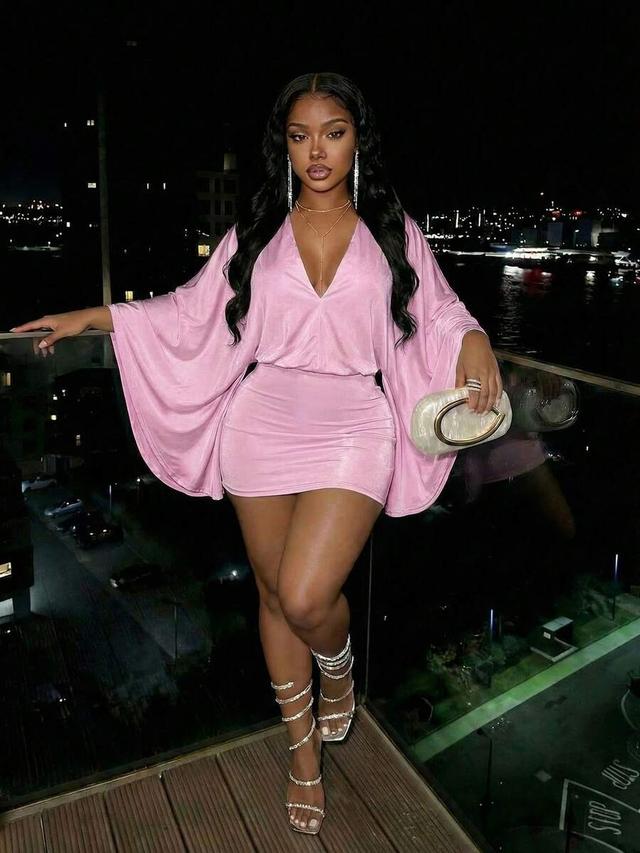 pink v batwing sleeve bodycon mini dress