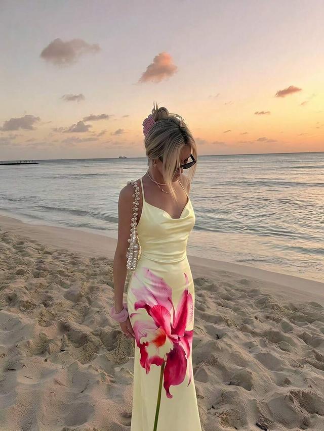 yellow floral print satin midi slip dress