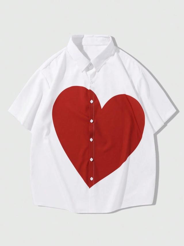 white short sleeve button up shirt with red heart
