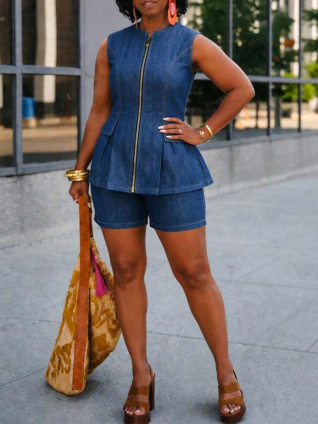 glouri women's peplum denim vest with full zip