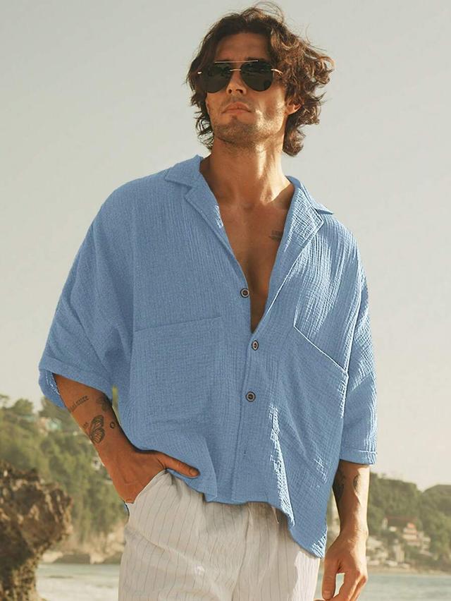 himland men's blue cotton muslin relaxed button-up shirt