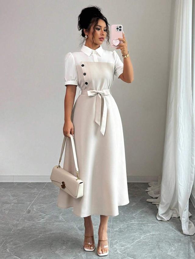 elegant color block shirt collar midi dress