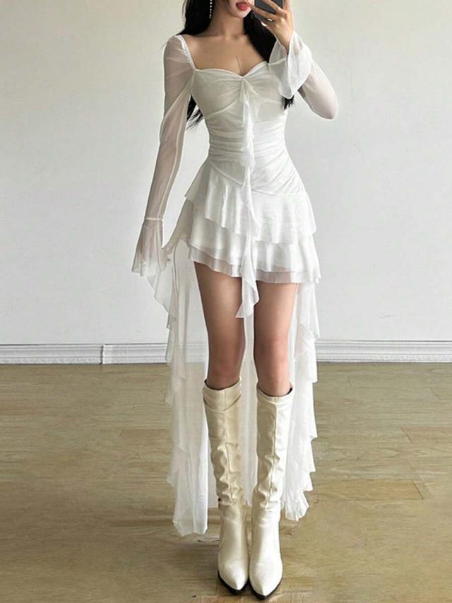 premium vibrant solid color fitted mesh asymmetric dress