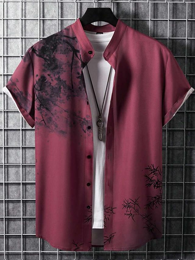 burgundy plant print mandarin collar button up shirt