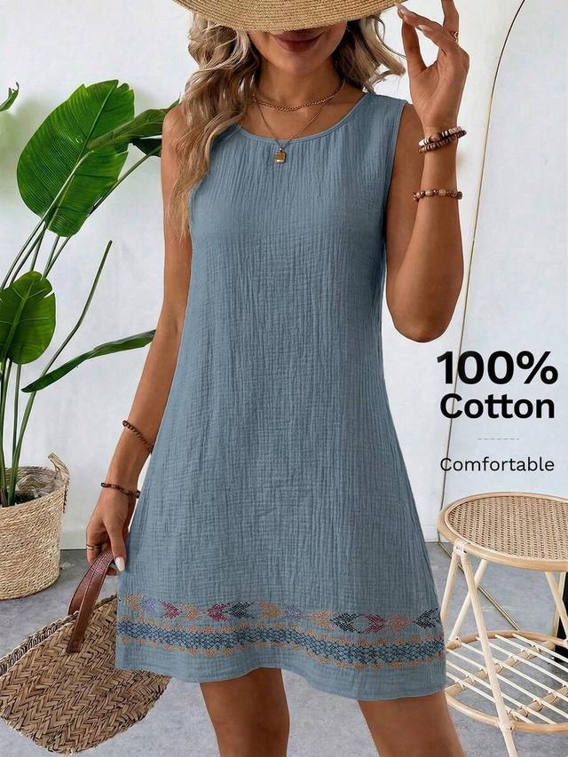 blue cotton gauze sleeveless shift dress with embroidery