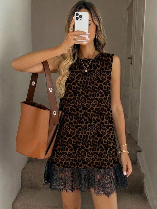 sleeveless leopard print dress with black lace hem