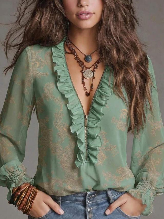 vintage paisley floral ruffle zip chiffon blouse