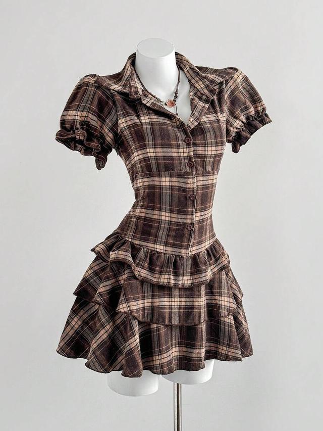 brown plaid vintage style ruffle hem mini dress