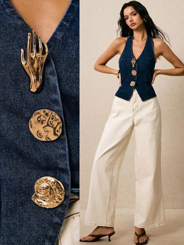navy blue denim halter neck waistcoat top