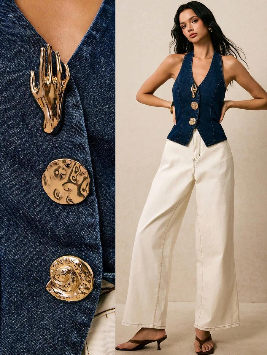 navy blue denim halter neck waistcoat top