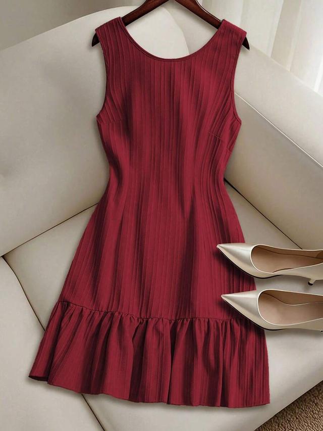 burgundy sleeveless backless tie strap ruffle hem dress
