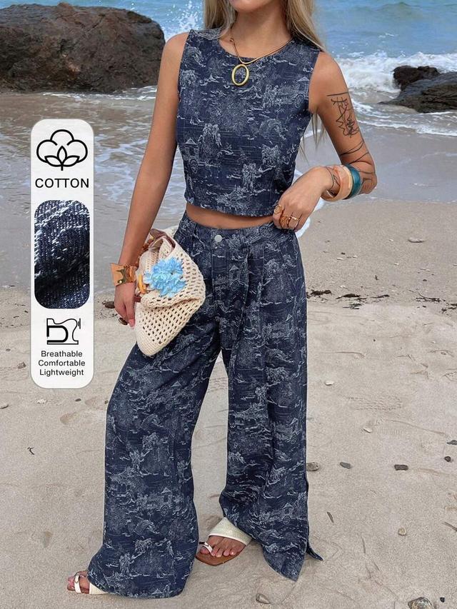 floral print sleeveless crop top and wide leg pants