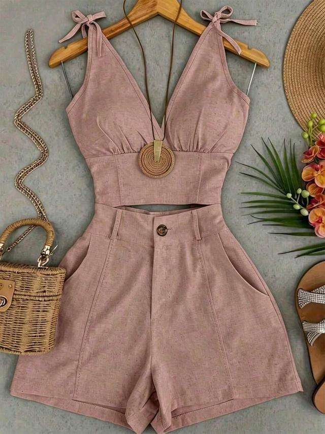 dusty rose linen-blend camisole crop top and shorts set