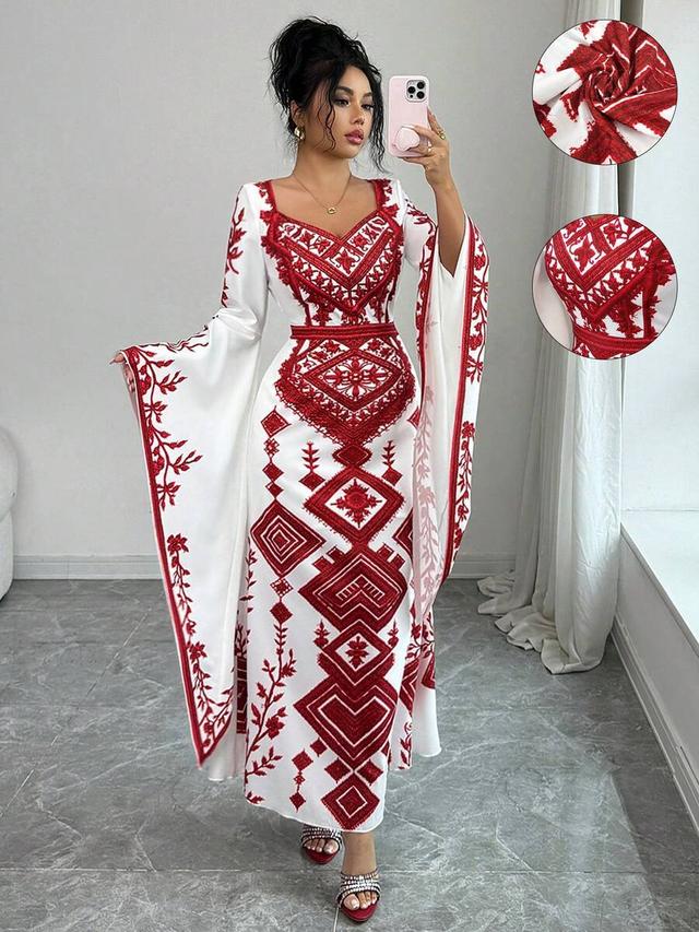 red and white embroidered v-neck a-line dress