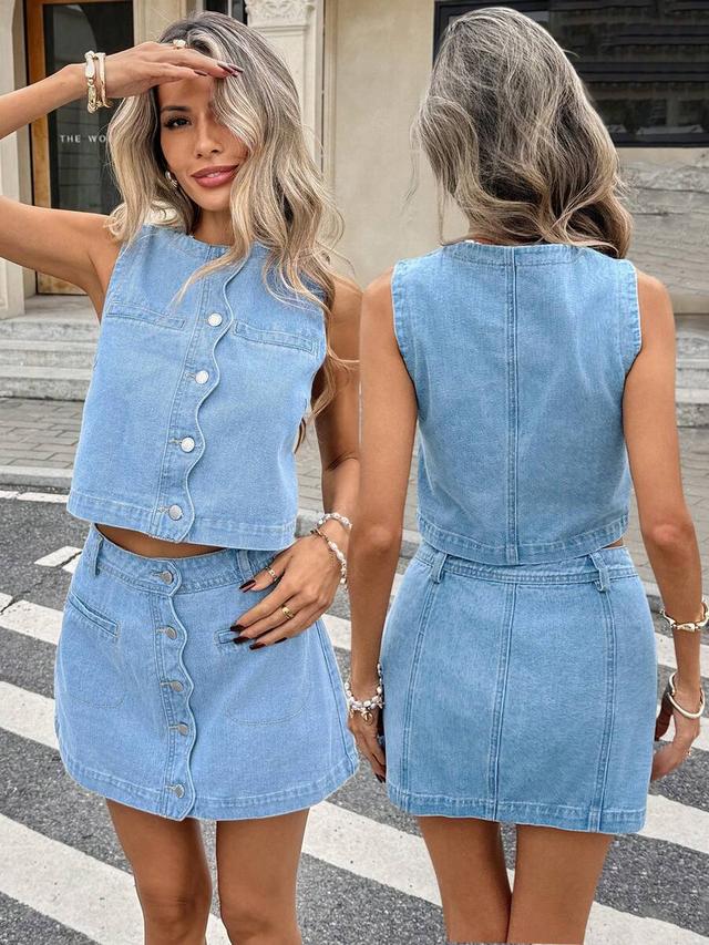 light wash denim sleeveless crop top and skirt set