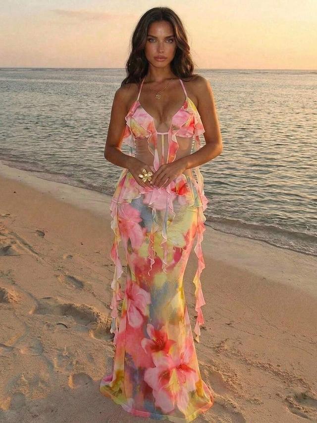 floral print ruffled halter maxi dress