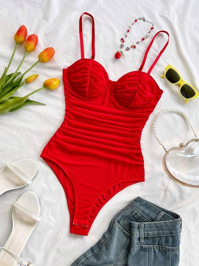 soleia red mesh ruched bodysuit swimsuit