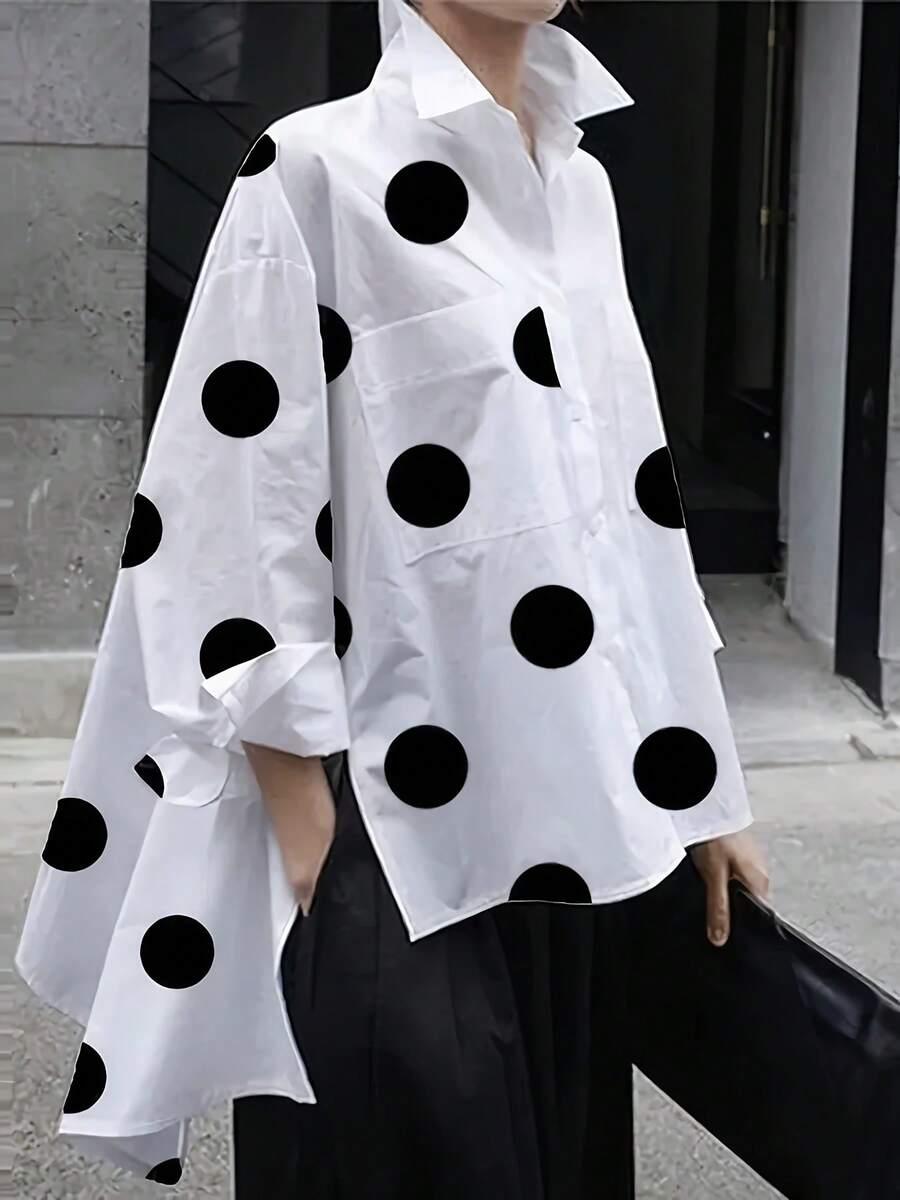 polka dot loose long sleeve asymmetrical hem blouse