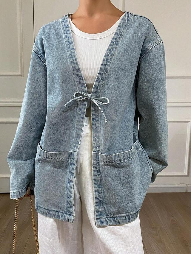 light wash denim tie-front jacket