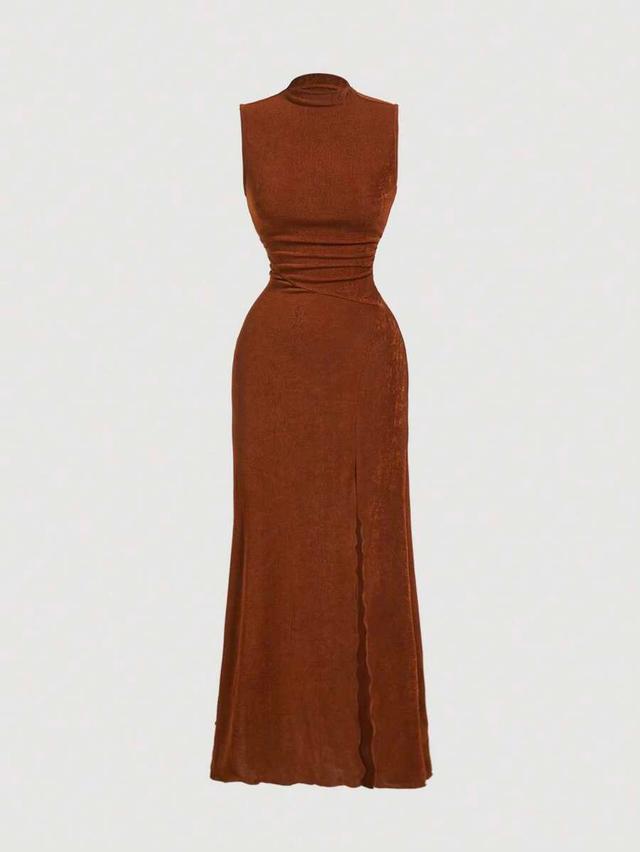 brown high slit sleeveless mock neck midi dress