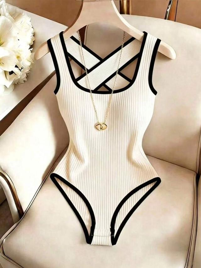 colorblock ribbed knit crisscross backless bodysuit
