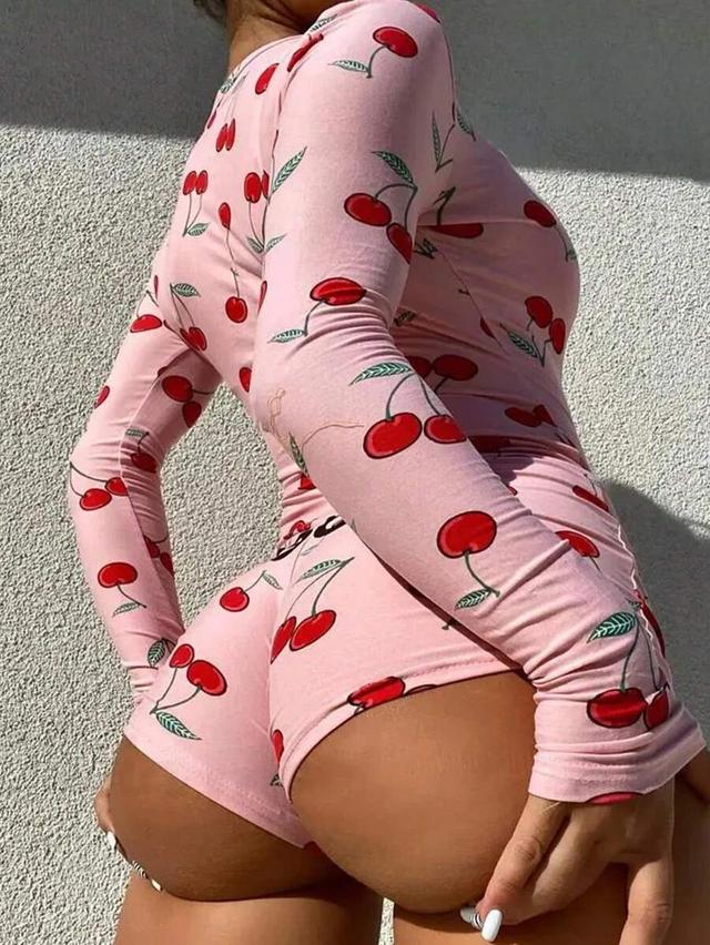 pink cherry print long sleeve button up romper
