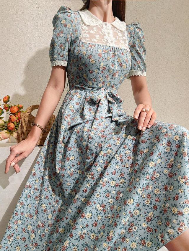 blue floral printed mesh peter pan collar maxi dress