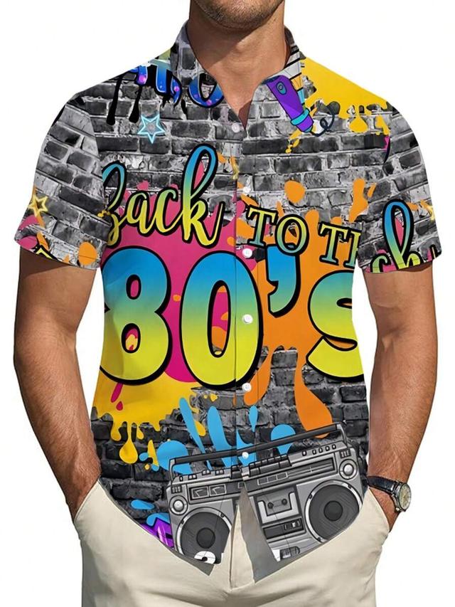 men's summer casual 80s graffiti print short sleeve shirt