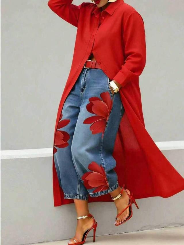 red solid color long sleeve shirt dress