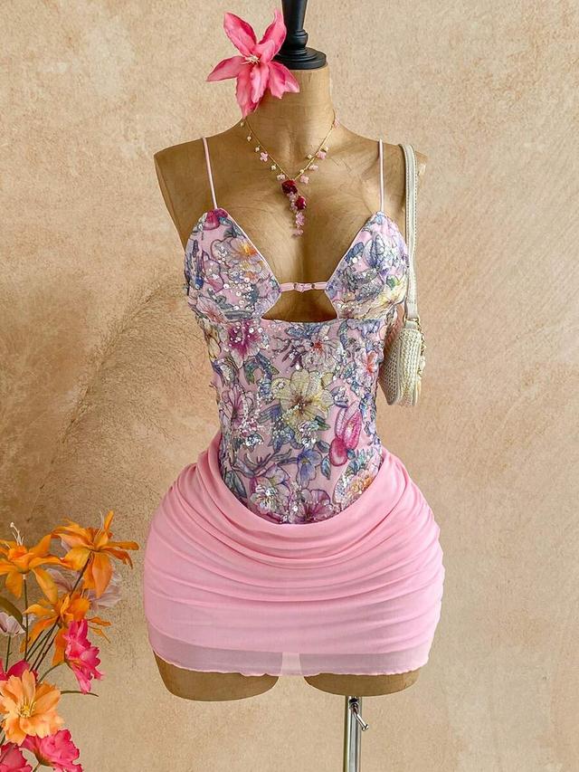 soleia women's vacation floral sequin ruched cami mini dress