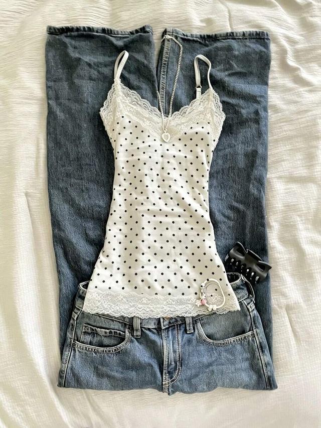 polka dot print contrast lace camisole top