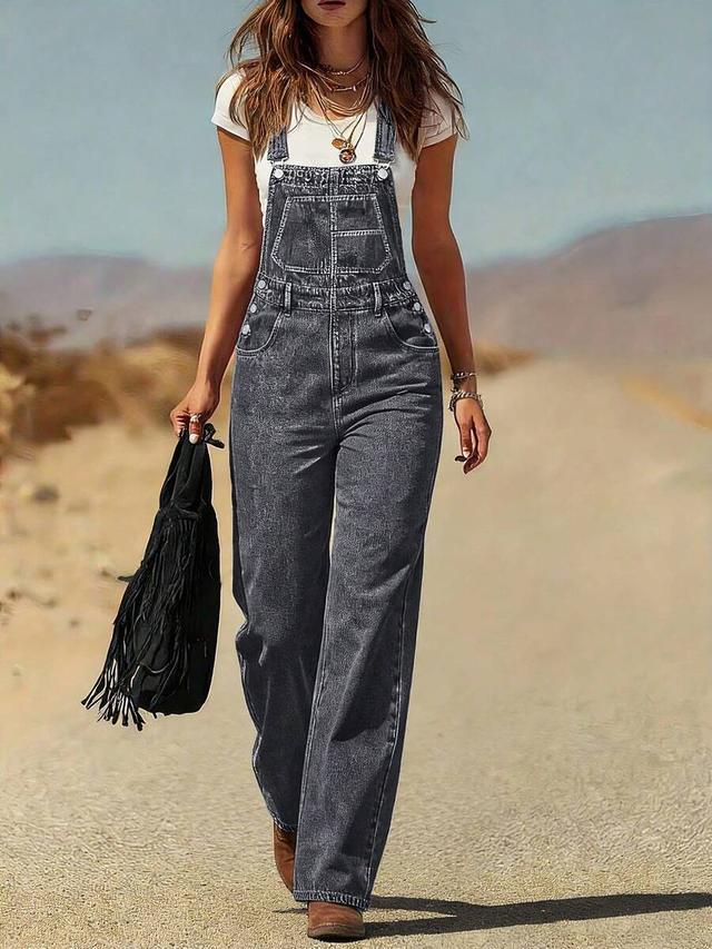 dark grey women's vintage washed loose denim overall workwear pants