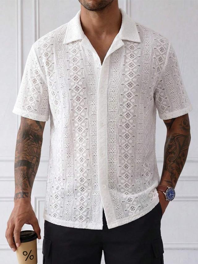 white openwork textured short sleeve button-up shirt