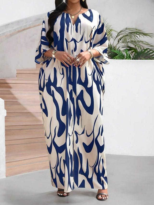 v-neck contrast print loose boho mid-length dress