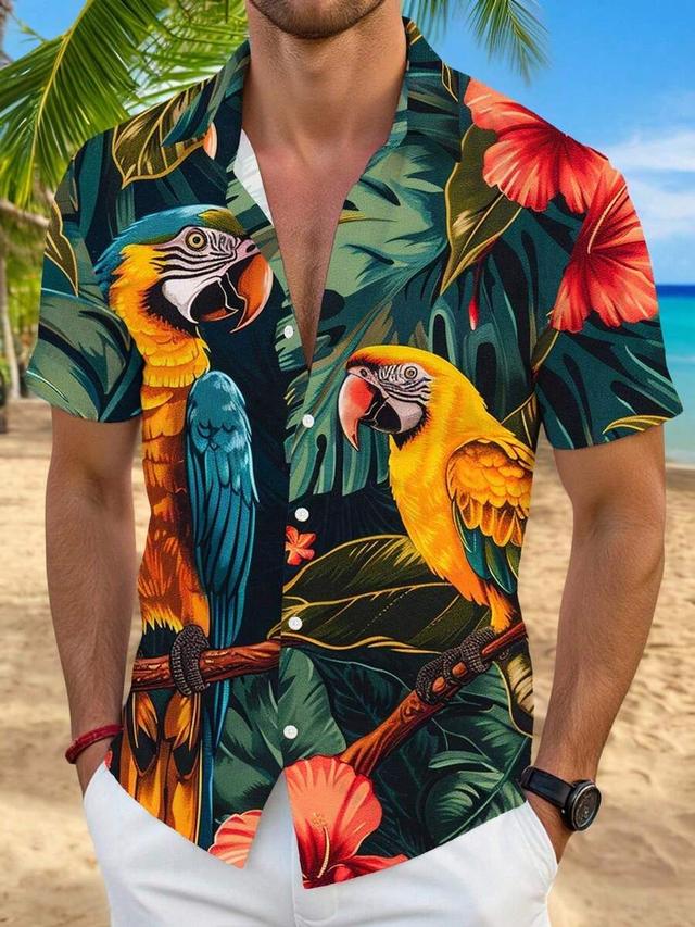 parrot bird print regular fit short sleeve casual shirt