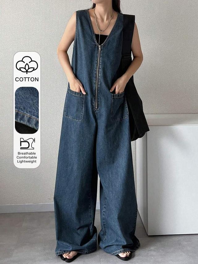 friful women's zip front dual pocket wide leg denim jumpsuit