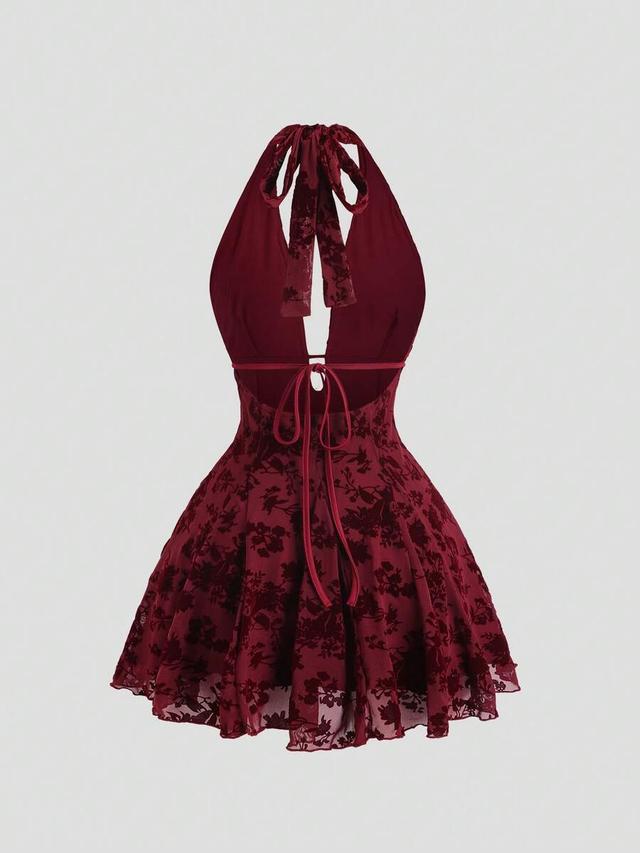 flocked halter neck a-line party dress