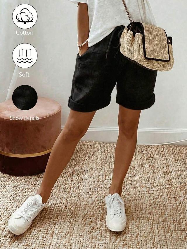 black linen blend casual drawstring hem shorts